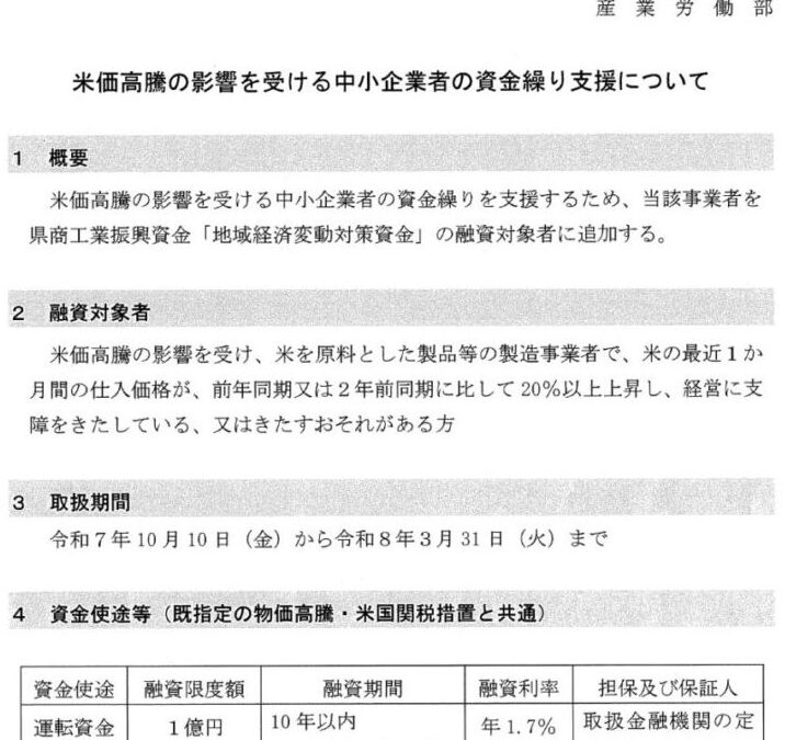 米価高騰の影響を受ける中小企業者の資金繰り支援について